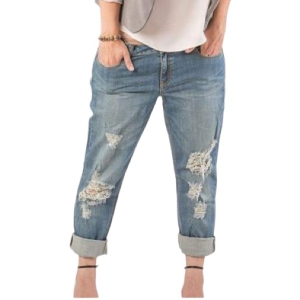 INDIGO THREAD CO Ripped Boyfriend Stretch Denim Jean - size 14